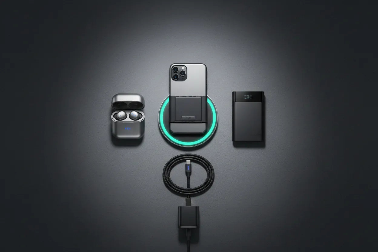 Collection of electronic devices including a phone, earbuds, and charging cable on a dark background